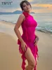 도시 섹시한 드레스 섹시한 주름 요정 드레스 여성 패션 메쉬 미니 바디콘 드레스를 통해 보는 2023 여름 불규칙 해변 파티 클럽 의상 L230711