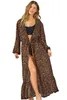 LEOPARD PRIMENT OPEN FRONT LONG KIMONO PRAIA PRAIA COBERTURAS DE PRAIA PARA MULHERES