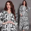 Abbigliamento etnico Dubai Luxury Islamic Puff Sleeve Women Abito musulmano Flores bianco e nero stampato lungo Jalabiya Abaya Femme Musulman