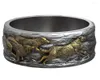 Bagues de grappe 9.1g Wolf Ring Running Wolfs Wedding Band Gold Art Relief 925 Solid Sterling Silver