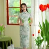 민족 의류 동양 여름 꽃 인쇄 짧은 슬리브 치즈 삼장 드레스 중국 여성 만다린 칼라 Qipao