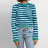 Women's T Shirts FUFUCAILLM 90s Vintage T-shirt Hollow Out Striped Knitted Crochet Crop Top Y2K Long Sleeve Pullover Tee Aesthetic Women