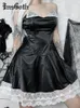 Casual Dresses InsGoth Strapless Dress Satin Gothic Vintage A Line Corset Lace Trim Halter Evening Y2K Chic Elegant Black Party