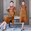 Ethnische Kleidung 2023 Chinesisches verbessertes Cheongsam-Kleid Nationaler Blumendruck Satin Qipao Elegante Party Abend Vestido