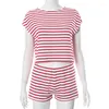 Survêtements pour femmes Lounge Wear Striped Print 2 Piece Set Femmes Casual Sporty T Shirt Crop Top Shorts Slim Streetwear Assorti Y2K Workout