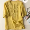 Vrouwen Blouses Literatuur Vintage Borduurwerk Katoen Linnen Shirt Vrouwen Zomer Ronde Kraag Korte Mouw Casual Losse Blouse Tops S590