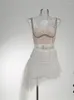 Vestidos casuais Sexy Strap Mesh Mesh Patchwork TOP Saia Plissada Terno Feminino Branco Luxo Lantejoulas Frisado 2 Duas Peças Conjunto Noite Baile