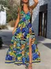 Casual Kleider CHICEVER Print Split Für Frauen V-ausschnitt Ärmellose Hohe Taille Tunika A-linie Hit Farbe Sommer Maxi Leibchen kleid Weiblich