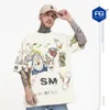 Hip-hop elle boyanmış grafiti high Street Crewneck kısa kollu tişört