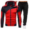 Tretos masculinos Trend Fashion Leisure Sports personalizados traje de retalhos duplo zíper do cardigan suéter fino com capuz e calças de pelúcia