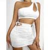 Urban Sexiga Klänningar HAOYUAN Sexiga Tvådelade Set Utskuren En Shoulder Crop Top Bandage Minikjol Klubbdräkter för kvinnor 2022 Sommar Matchande Set L230711