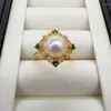 Cluster Rings 14K Gold Gild Diamond Design Square Pearl Ring Exquisite Elegant Green Zircon Natural Jewelry For Women Gift