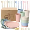 Servies Sets 28-delige Set Servies Tarwe St Natuur Materiaal Huishouden Dienblad Anti-Drop Kommen Kopjes Bord Vorken Lepels Eetstokjes Kit D Dhg7E