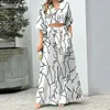 Women's Tracksuits 2023 Spring Autumn Printed Leisure Suit V-neck Lantern Sleeve Short Top High Waist Wide Leg Pants Two Piece Set