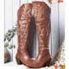 Bottes Marron Broderie Western Bottes Pour Femmes Sur Le Genou Bout Pointu Med Bottes À Talons Hauts Cowgirl Cowboy Vintage Chaussures Automne L230712