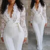 Women's Jumpsuits Rompers White jumpsuit Women's lace patchwork long sleeved V-neck wide leg pants Office women's jumpsuit 230710