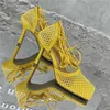 Chaussures habillées Sandales d'été pour femmes 10 cm à talons hauts Sandales carrées pour femmes Roman Casual Cross Sandales Jaune Vert Mesh Ceinture Pleaser Chaussures Z230711