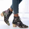 Boots Retro Women Boots Embroider Ethnic Ankle Boots Lace Up Pointed Toe Wedges Heel Shoes Bohemian Floral Chelsea Boots 35-43 Size L230711