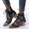 Boots Retro Women Boots Embroider Ethnic Ankle Boots Lace Up Pointed Toe Wedges Heel Shoes Bohemian Floral Chelsea Boots 35-43 Size L230711