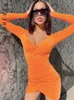 Urban Sexy Dresses Sexy V Neck Long Sleeve Bodycon Mini Dress Women Ruched Wrap Waist Party Vestidos 2022 Spring Fall Elegant Fairy Grunge Clothes L230711