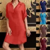 Sıradan Elbiseler Kadınlar Vintage Düz Renk Düz Elbise Dönüş Yatak Yarım Kollu Pamuk Keten Gömlek Bayanlar Retro Gevşek Çöp
