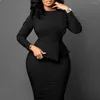 Casual Dresses Business Work Dress Women Solid O Neck Long Sleeve Ruffle Hem High Waist Bodycon Club Party Womem