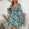 Vestidos casuais femininos verão manga longa vestido evasê decote quadrado smocked boêmio estampa floral esvoaçante mini presente drop