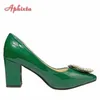 Aphixta New Dark Green Pearl Buckle Patent Leather Women's Pumps 7cm Square Heel Officile Pointed Toe Shoes Super Big Size 49 50 L230704
