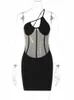 Urban Sexy Kleider Hugcitar One Shoulder Slip Rückenfrei Mesh Patchwork Durchsichtig Sexy Slim Minikleid 2023 Sommer Y2K Strand Nachtclub Kleidung L230711