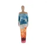 Casual Dresses Off Shoulder Gradient Printing Maxi Dress Women Summer Pile Up Sleeve High Waist Pleated Vacation Beachwear
