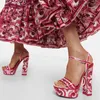 Sandals Rose Red Platform Block Heel Women Floral Graffiti High Heels Round Toe Ankle Buckle Straps Totem Party Dress Shoes