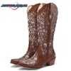 Stövlar Bling Kristaller Vintage Western Denim Knähöga stövlar Dam 2023 Sömnad Blomma Cowboy boot L230711