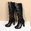 Stiefel Damen Stiefel Lolita Gothic Dicker High Heel Spitze Stickerei Damen Pump Damen Kreuz Spitze Schnalle Horn Toe Knight Schuhe L230711