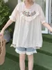 Damesblouses Vrouwelijke Japanse vintage borduurkraag Zoet wit los shirt Korte mouwen Top Zomer