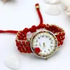 Relógios de pulso senhoras flor tricotado à mão relógio de pulso rosa vestido feminino cor brilhante strass tecido relógio doce menina