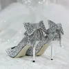 8см свадебные высокие каблуки Bling Sequined Stiletto Heel Works Back Bowknot заостренная вечеринка для женской туфли большого размера 42 L230704