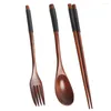 Dinnerware Sets Wooden Flatware Set Portable Chopsticks Spoon Fork Tableware With Black Twining Thread