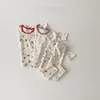 Pyjamas 2023 Korea Vår Höst Småbarn Flicka Sovkläder Tryckt Blommor Tecknad Stretch Byxa Kostym Pullover Mjuk skjorta Spädbarn 230711