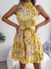 Casual Dresses Floral Print Mini Women Summer Sleeveless Off Shoulder Halter Dress Female Elegant Temperament Chic Tie-up Ruffles