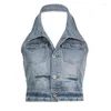 Damtröjor TARUXY Backless Retro Pocket Crop Top Dam Polo Neck Ärmlösa Linnen Tjej Sexig Navel Streetwear Casual Denimkläder