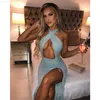 Vestidos Sexy Urbanos Townlike Halter Drstring Sexy Bodycon Bandage Dress Women 2021 Summer Dress Split Oco Out Backless Long Maxi Dresses L230711