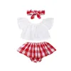 Clothing Sets Cute Born Baby Girl Clothes Off Shoulder Pullover Short Sleeve Tops Bow Plaid Headband Geometry Ruffle Shorts 3pc Kids Outfit