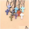 Pendant Necklaces Fashion Opal Turquoise Natural Stone Druzy Cross Jewelry With Leather Chain Necklace Drop Delivery Pendants Dhx6S