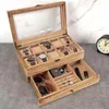 Jewelry Pouches Watch Box - 10 Slot Case Display For Men Women Organizer Made Of Solid Wood & Soft Linen Rustic Brown