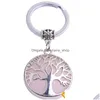 Porte-clés Pierre Naturelle Quartz Rose Opale Aventurine Gemme Arbre De Vie Anneau Porte-clés Guérison Améthyste Cristal Chaîne Bijoux Drop Delive Dhzmx