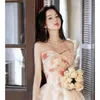 Etniska kläder Formell Tube Top Rosett Aftonklänningar Kvinnor Franska Blomstertryck Bal Festklänning Vestido Robe De Soire