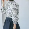 Vrouwen Blouses Japanse Elegante Bloemenprint Blusas Mujer Lace Up Boog Shirts Bubble Lange Mouwen Camisas Herfst 2023 Shirt Tops