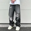 Jeans för män Hip Hop Tvättade Knähål Baggy Breda Ben Casual För Herr Y2K Rippade Lös Distressed Denim Byxor Oversized Cargo Byxor