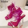Sapatos sociais Eilyken moda verão strass penas sandálias femininas renda estilo cruz sexy gladiador dedo quadrado salto alto feminino Z230712