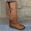 Laarzen Winter Mode Dames Laarzen Zijrits Gesp Knie Hoge Laarzen Dames Ronde Neus Lage Hakken Punk Rijlaarzen Botas Mujer L230711